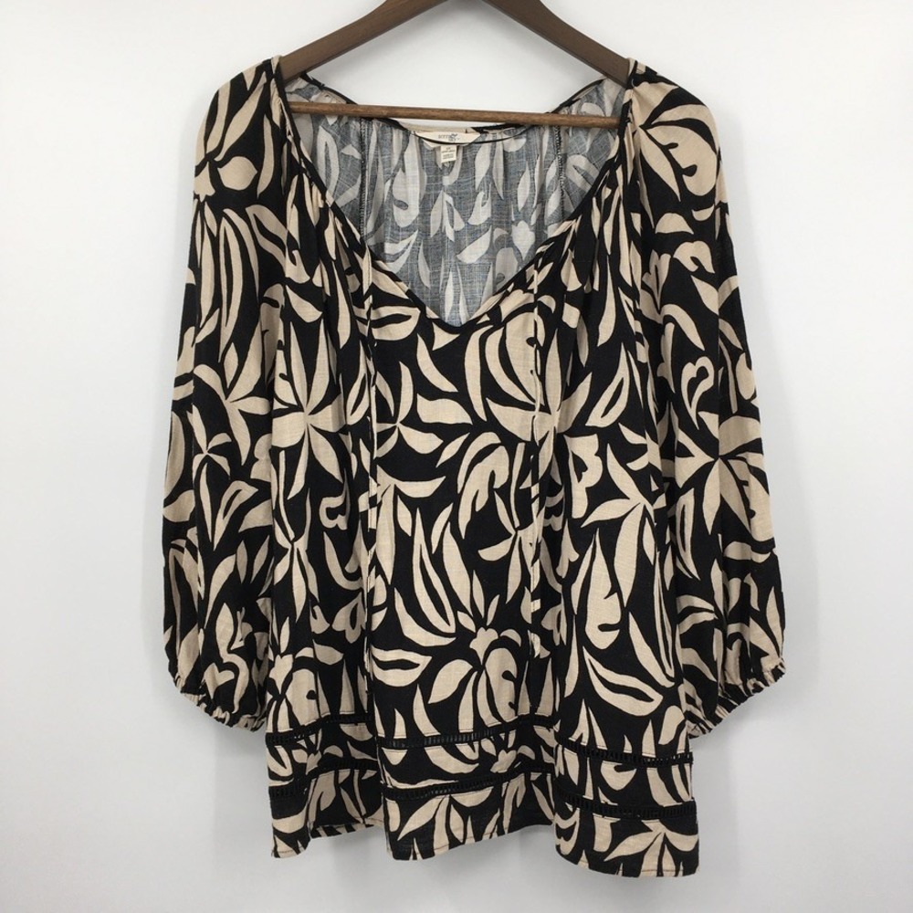 Terra‎ & Sky Linen Blend Peasant Top Womens 1X Black Beige Boho Tropical Leaf